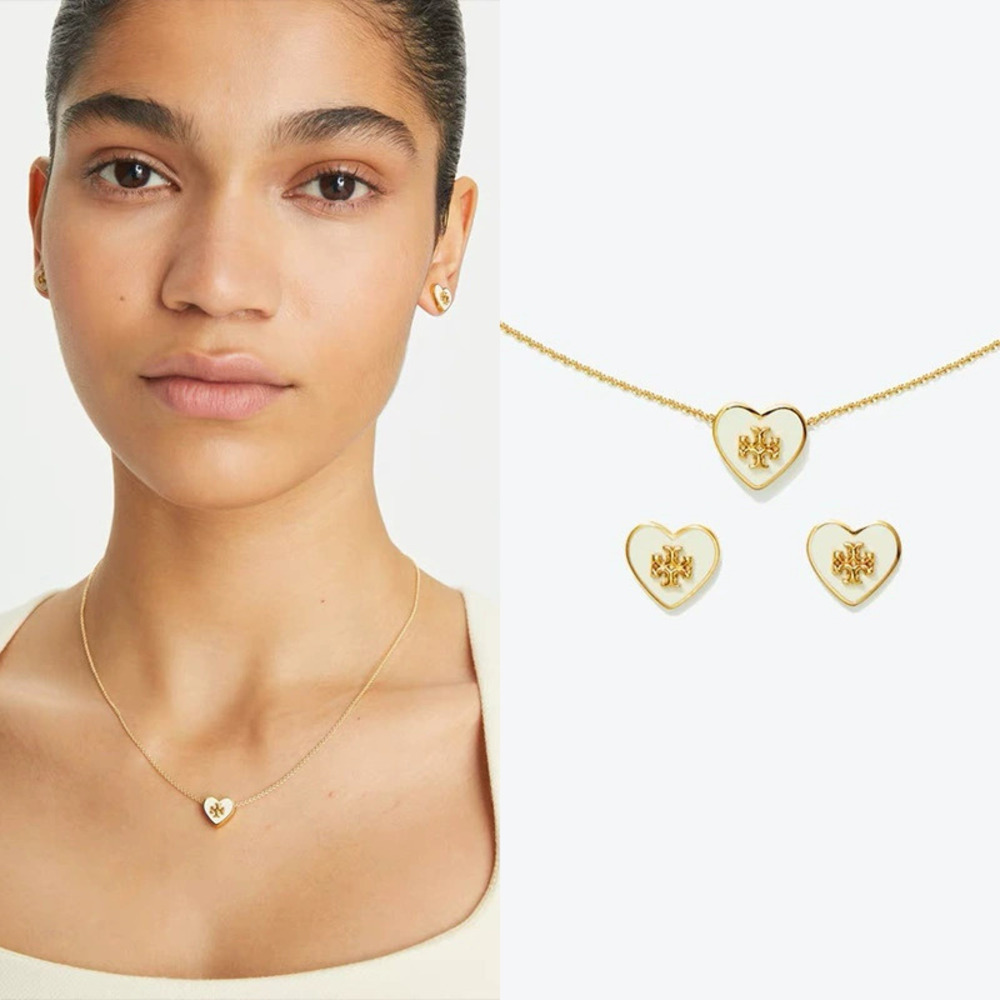 Tory Burch Gold Plated Heart Necklace Earrings Set with Enamel Studs